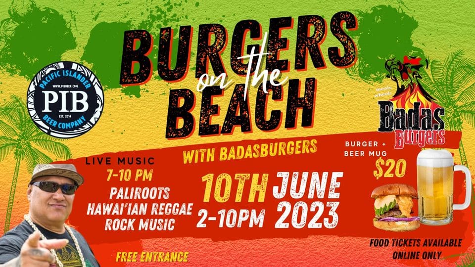 Burgers at the Beach banner.